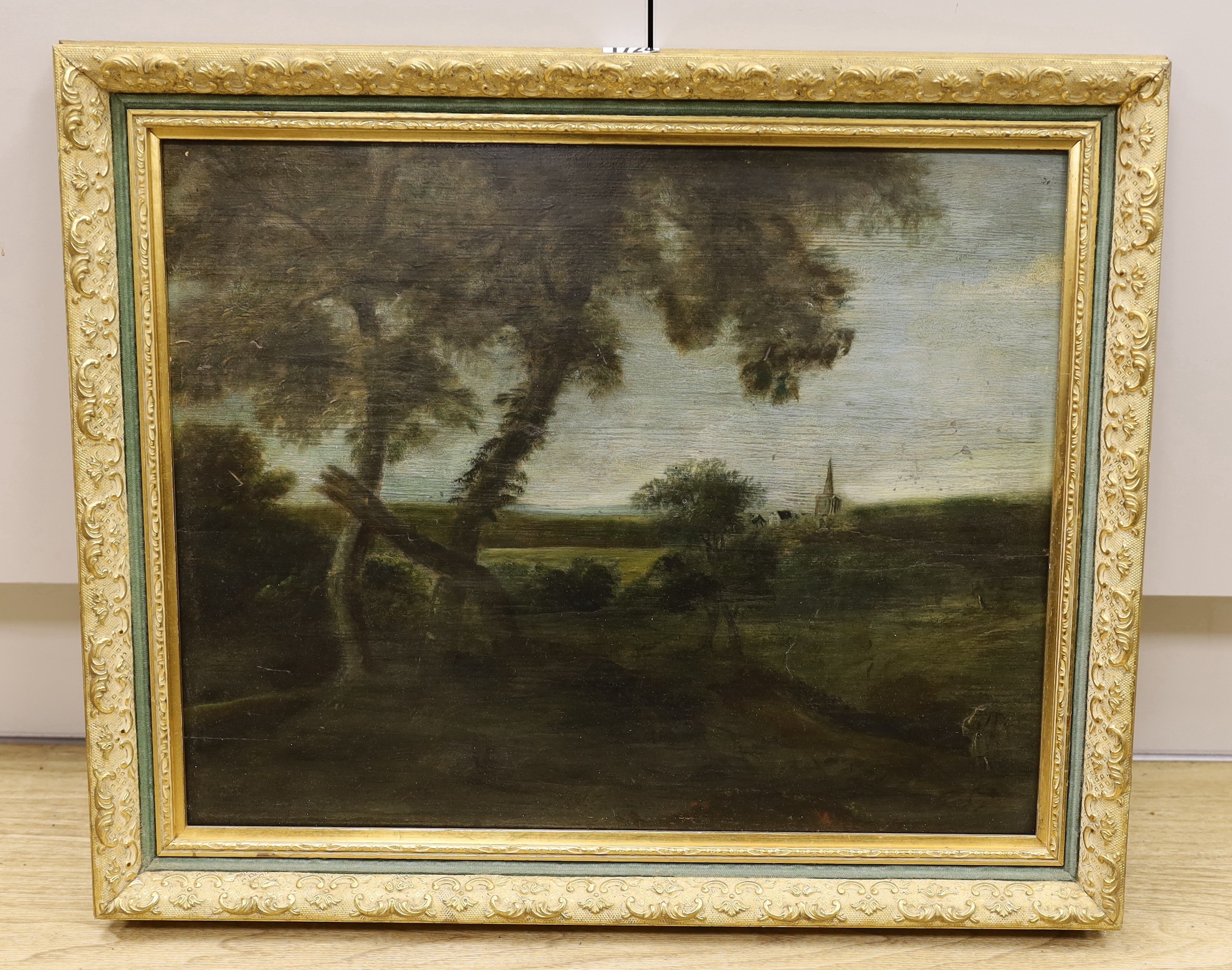 19th century English School, oil on wooden panel, Church in a landscape, 40 x 51cm